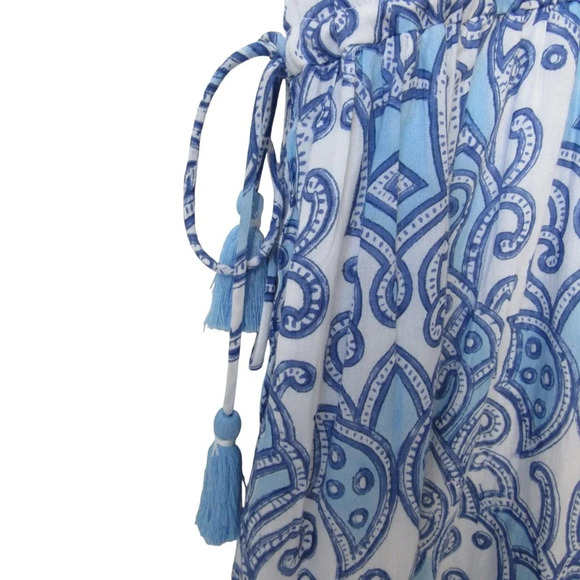 Azure Indigo Blue White Dress Small Blockprint Short Sleeves Tassel Sides Boho - Picture 5 of 11